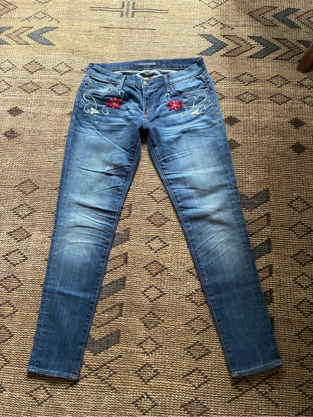 DRIFTWOOD Blue Skinny Jeans with Red Floral Embroidery
